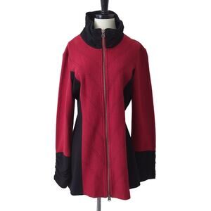 Icelandic Design Wool Jacket Womens Large Longline Red Black Nordic Fair Isle L